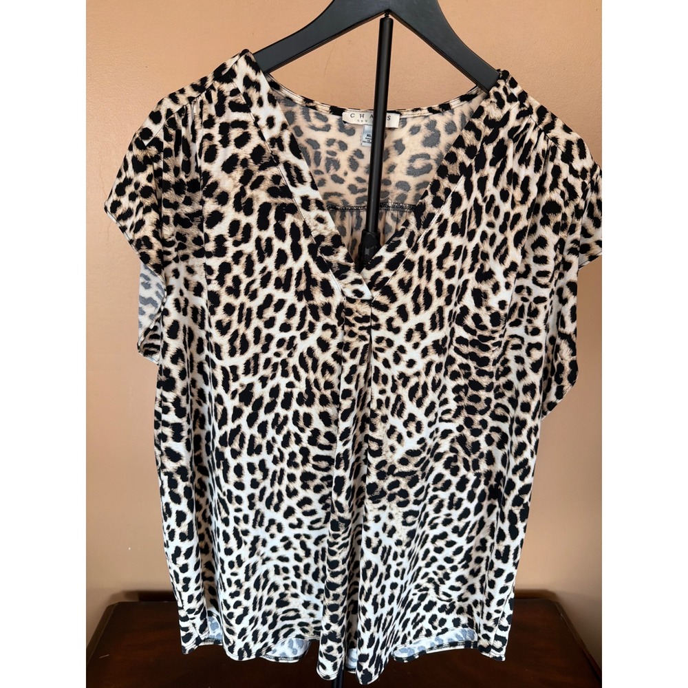 Chaus New York Leopard Print V-Neck Pleated Blouse XL Brown Black Animal Print